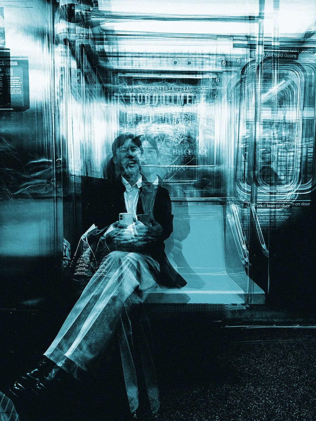 Haneul (Sky) Seo on a New York subway, layered long-exposure portrait